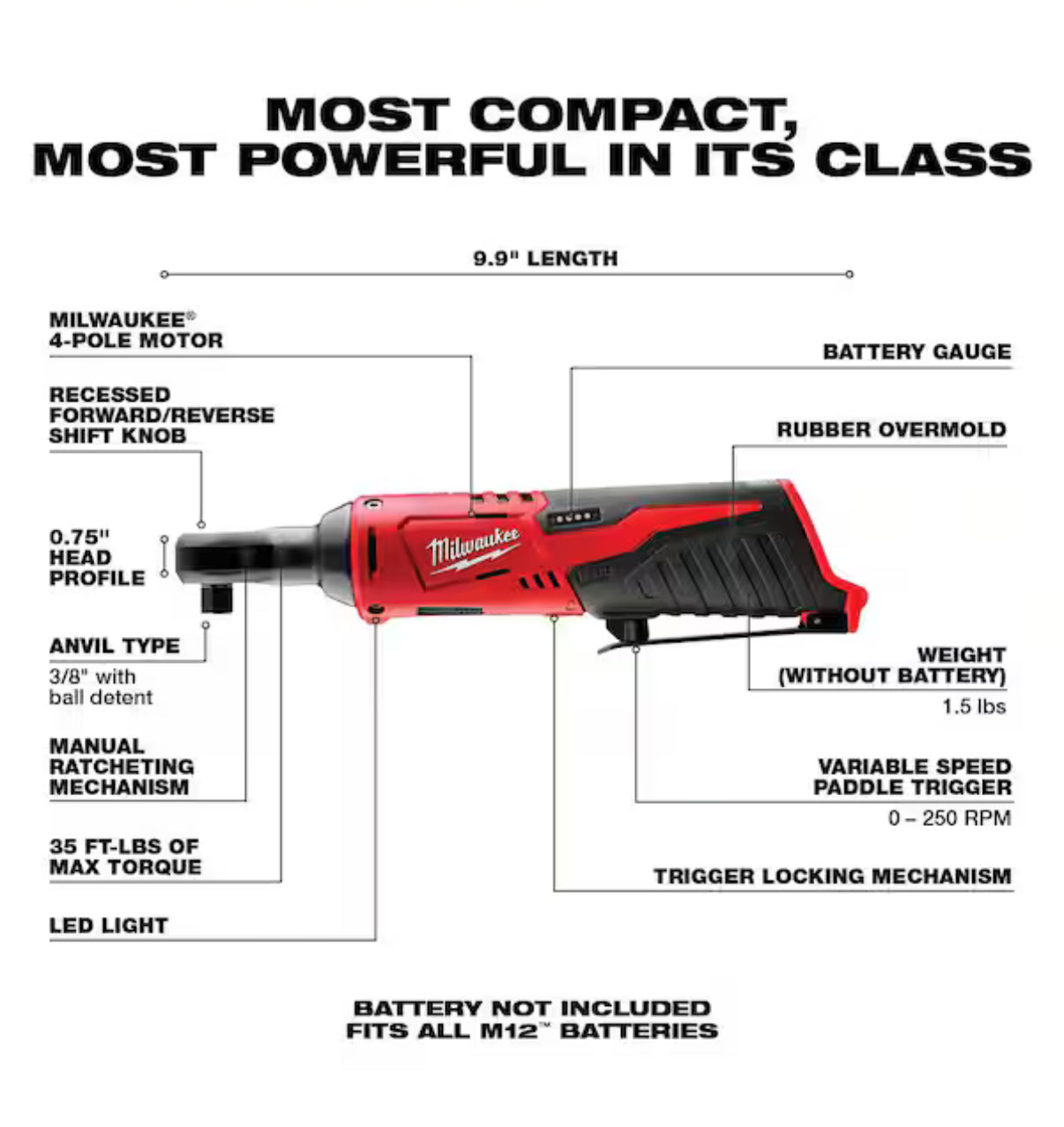 Milwaukee M12 3/8” Ratchet – Solo herramienta