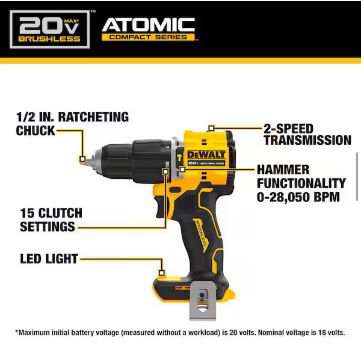 DEWALT ATOMIC 20V MAX 1/2” Hammer Drill – Solo herramienta